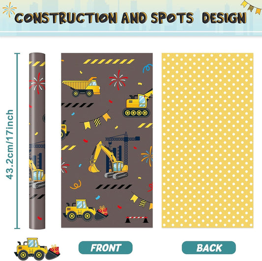 Construction Reversible Wrapping Paper Roll - 33 ft Yellow Truck | Wrapping Paper Birthday Boy, Kids Birthday Party Decor Favor Construction Truck Crane Design