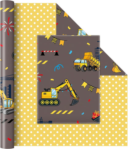 Construction Reversible Wrapping Paper Roll - 33 ft Yellow Truck | Wrapping Paper Birthday Boy, Kids Birthday Party Decor Favor Construction Truck Crane Design