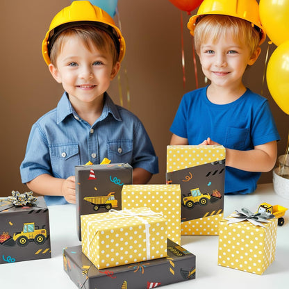 Construction Reversible Wrapping Paper Roll - 33 ft Yellow Truck | Wrapping Paper Birthday Boy, Kids Birthday Party Decor Favor Construction Truck Crane Design