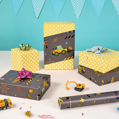 Construction Reversible Wrapping Paper Roll - 33 ft Yellow Truck | Wrapping Paper Birthday Boy, Kids Birthday Party Decor Favor Construction Truck Crane Design