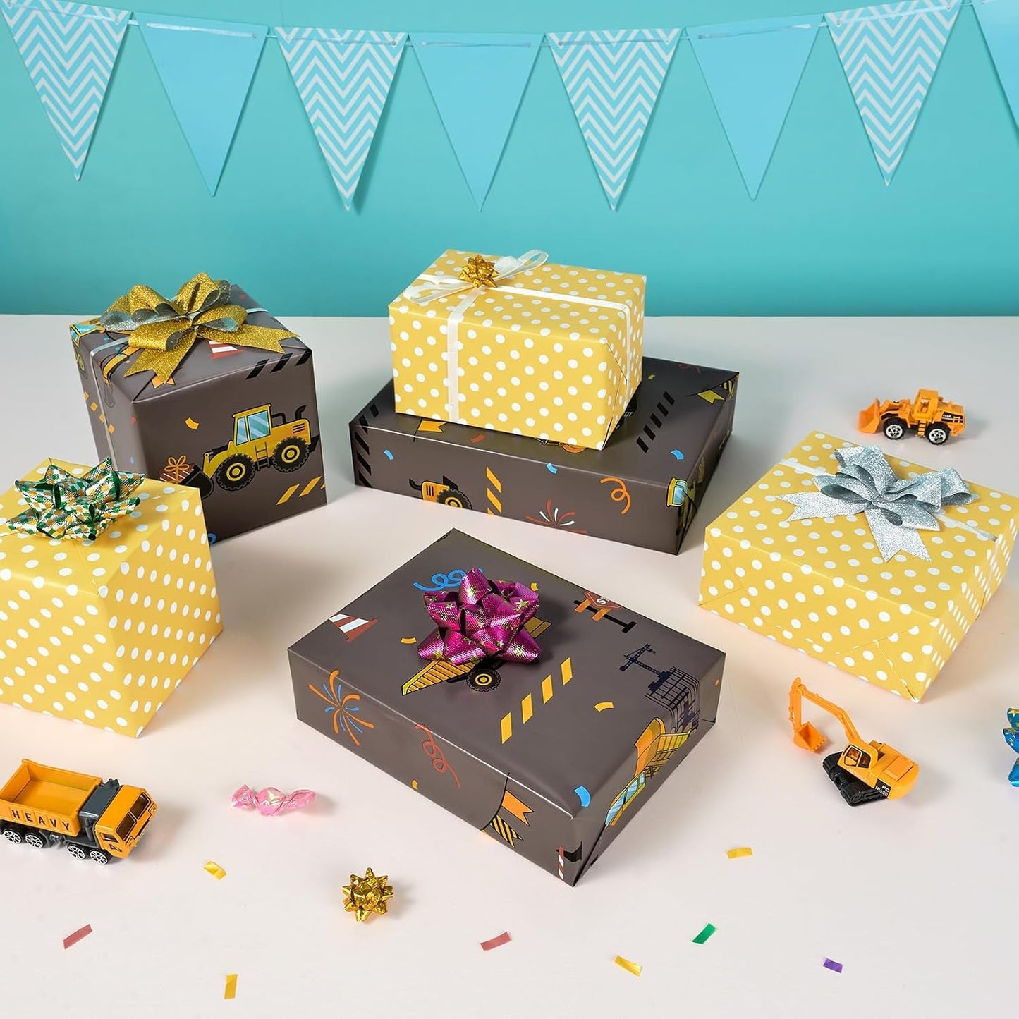 Construction Reversible Wrapping Paper Roll - 33 ft Yellow Truck | Wrapping Paper Birthday Boy, Kids Birthday Party Decor Favor Construction Truck Crane Design