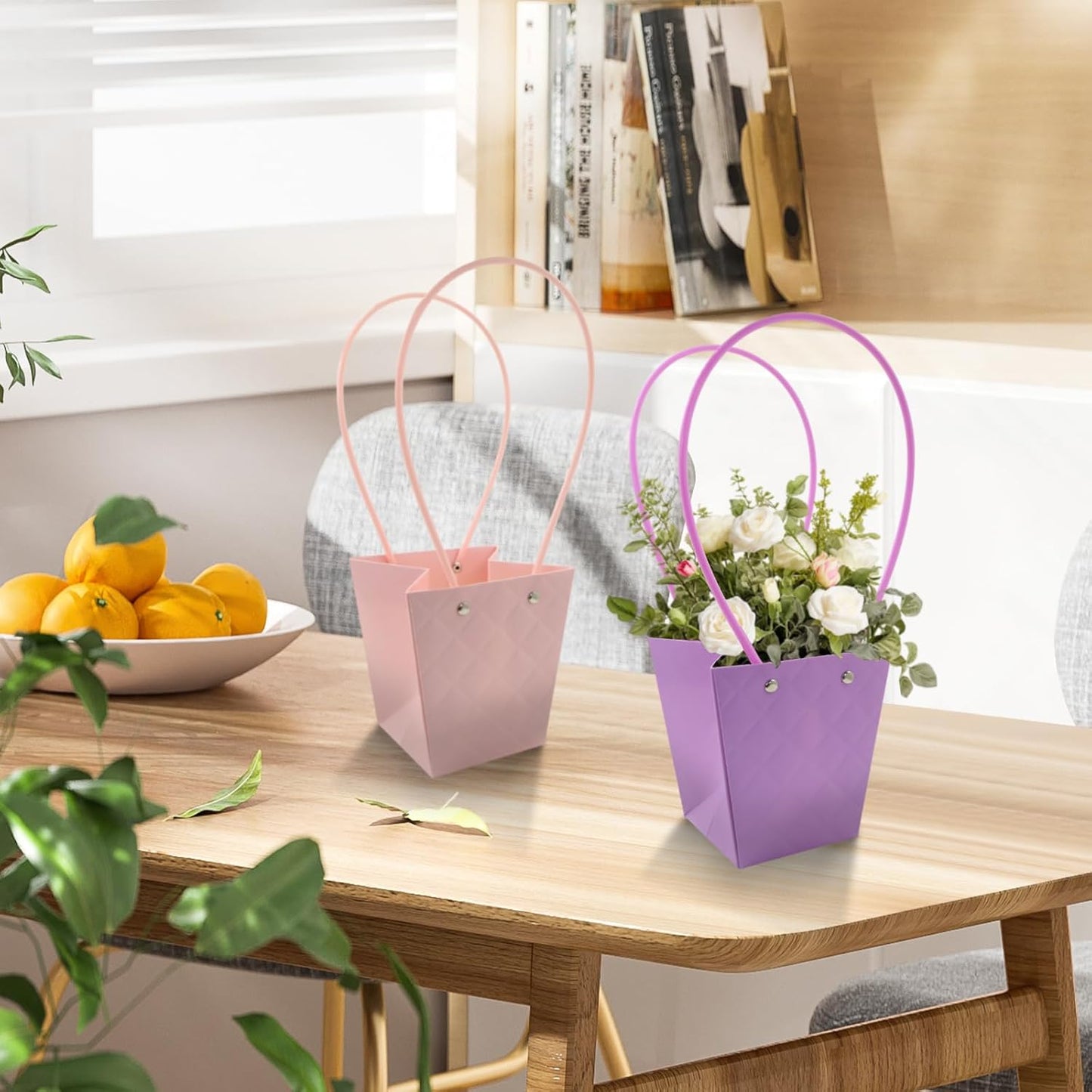 5 Pcs Flower Bouquet Gift Bags with Handle,Florist Bouquet Wrapping Boxes Decoration Flower Basket Rose Tulip Packing Handbag for Wedding Anniversary Valentine's Day Mother's Day Flowers Paper Boxes