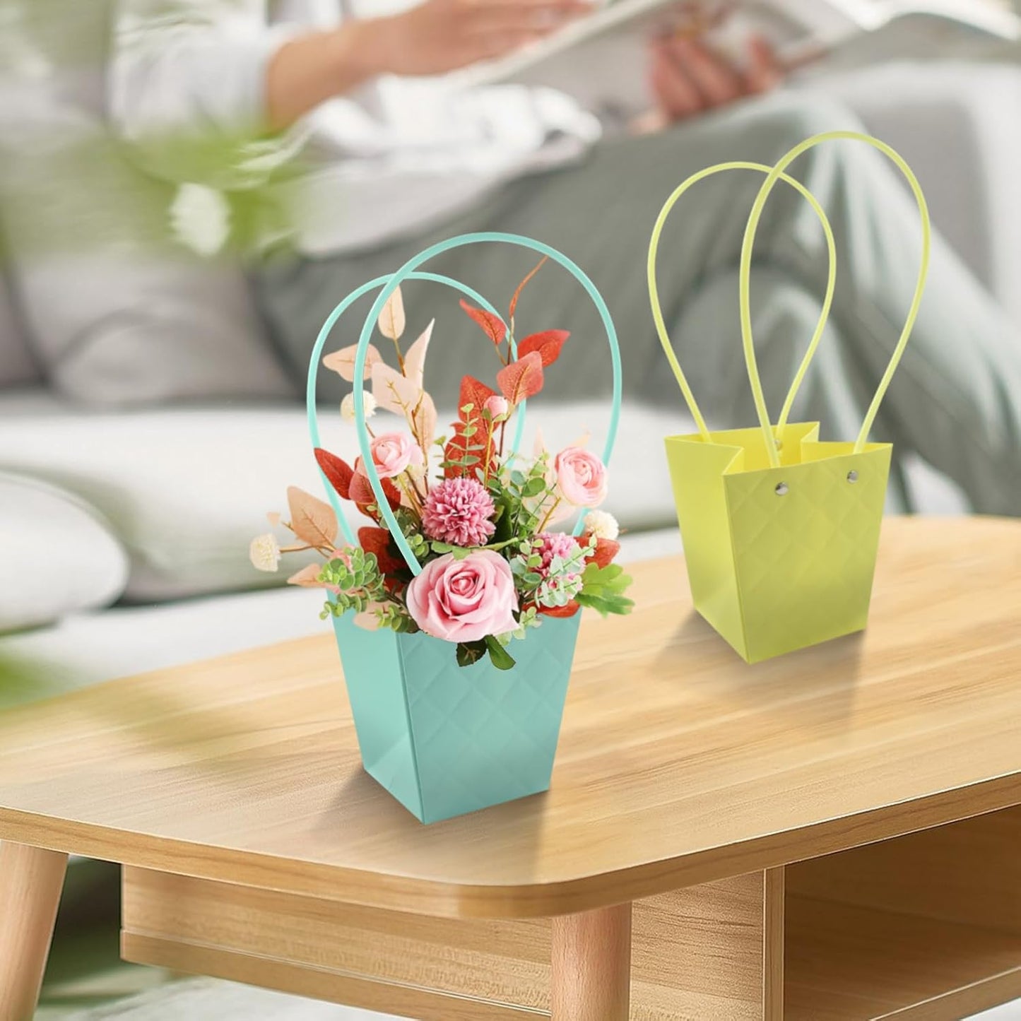 5 Pcs Flower Bouquet Gift Bags with Handle,Florist Bouquet Wrapping Boxes Decoration Flower Basket Rose Tulip Packing Handbag for Wedding Anniversary Valentine's Day Mother's Day Flowers Paper Boxes