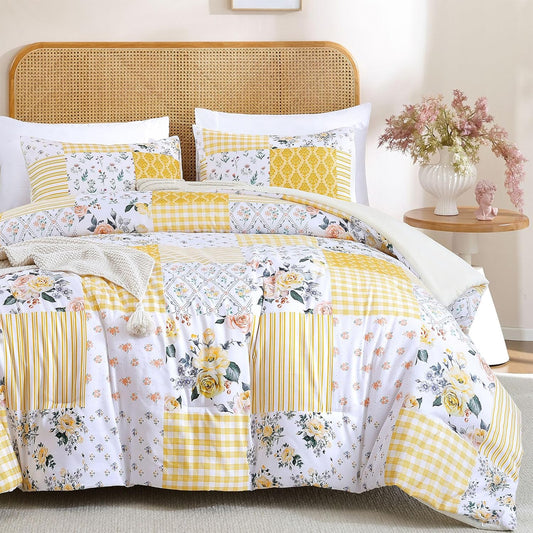 Yellow Floral King Comforter Set, Soft Lightweight All Season Bedding Set for Women Girls, Cozy Cottagecore Botanical Comforter King Size with 2 Pillow Shams, Breathable Floral Bed Set