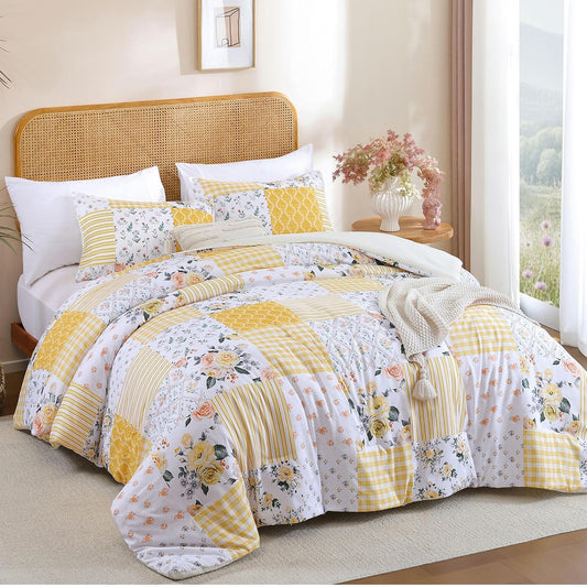 Yellow Floral King Comforter Set, Soft Lightweight All Season Bedding Set for Women Girls, Cozy Cottagecore Botanical Comforter King Size with 2 Pillow Shams, Breathable Floral Bed Set
