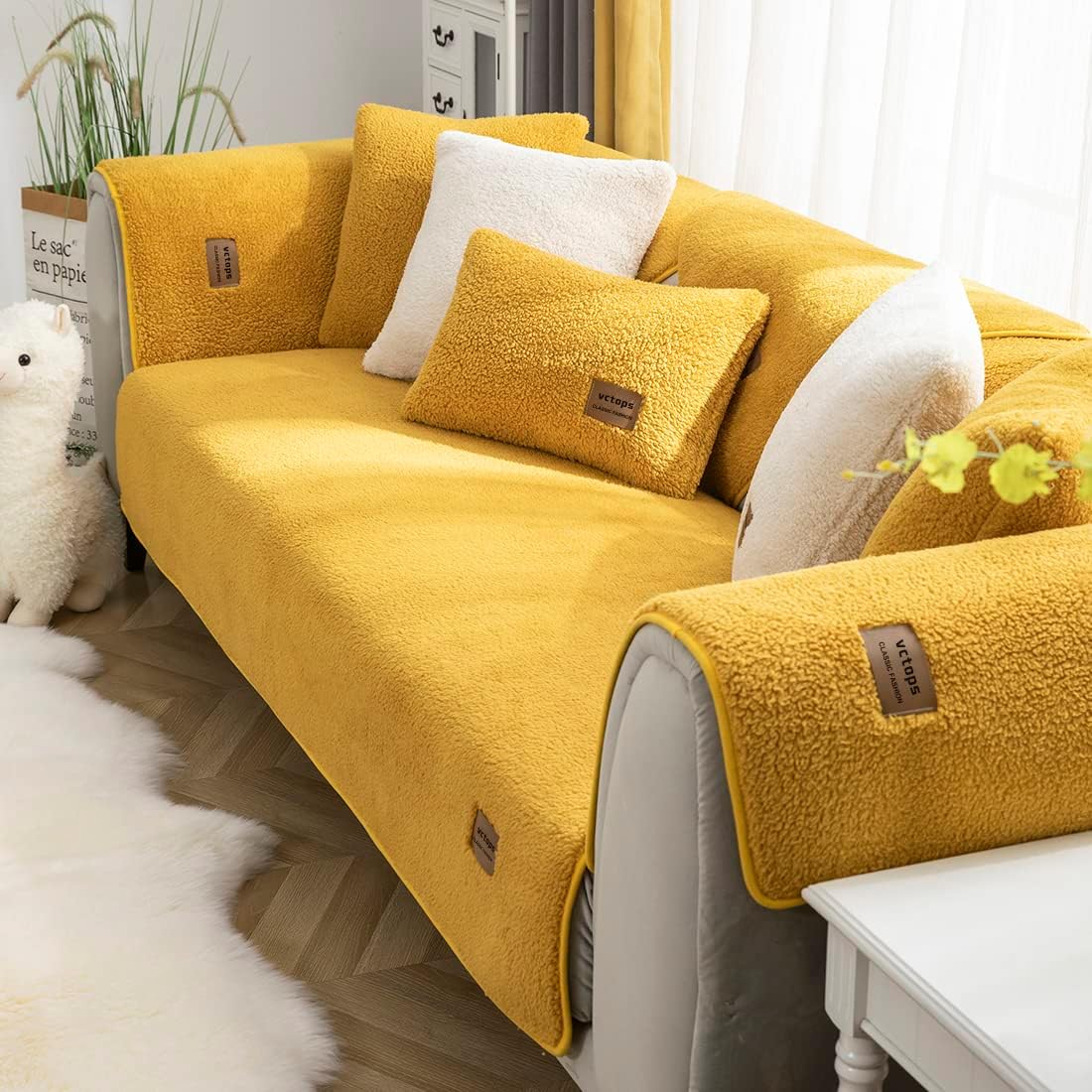 Sherpa Fleece Sofa Couch Covers Super Soft Warm Plush Sectional Couch Cover Luxury Fuzzy Furry Non Slip Sofa Slipcover Furniture Protector (Yellow,28"x28")