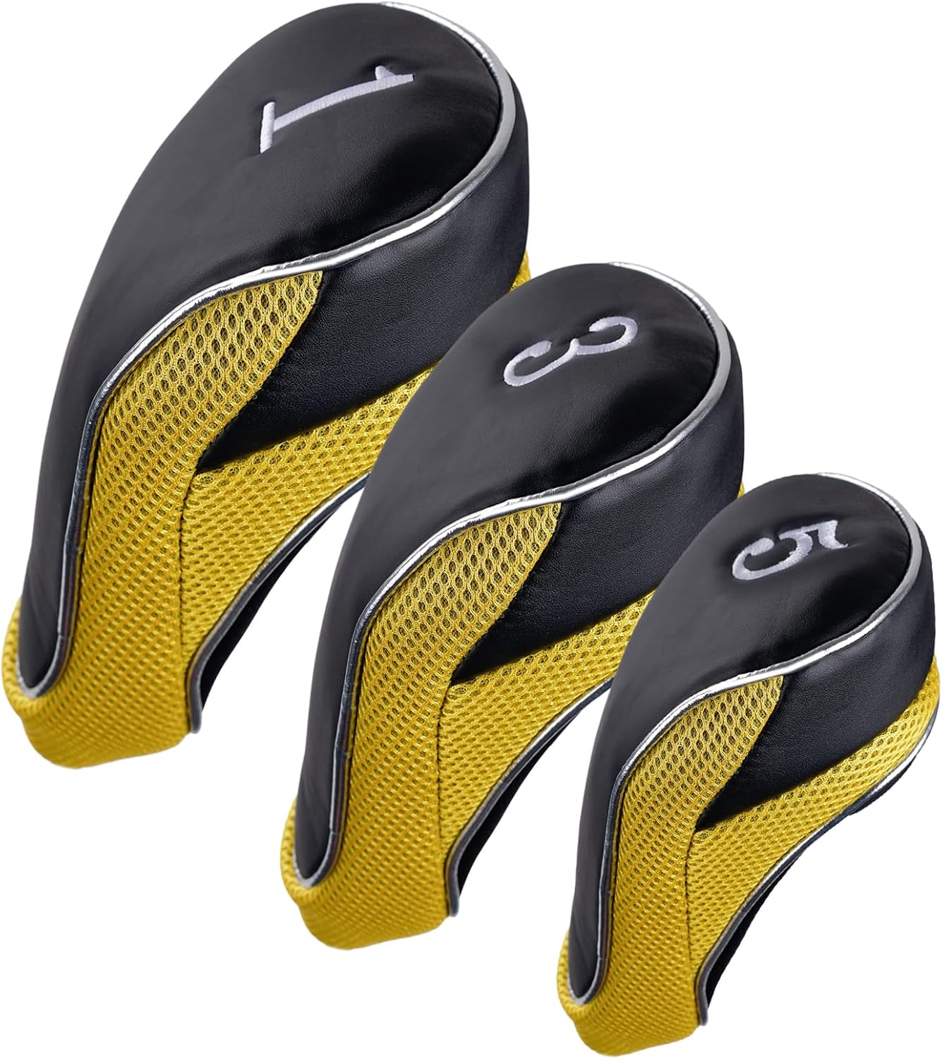 Golf Wood Club Head Covers with Hook & Loop Set of 3 | for 460cc Driver Fairway Short Neck Faux Leather and Nylon-mesh Embroidery thread Number