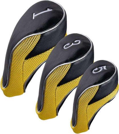 Golf Wood Club Head Covers with Hook & Loop Set of 3 | for 460cc Driver Fairway Short Neck Faux Leather and Nylon-mesh Embroidery thread Number