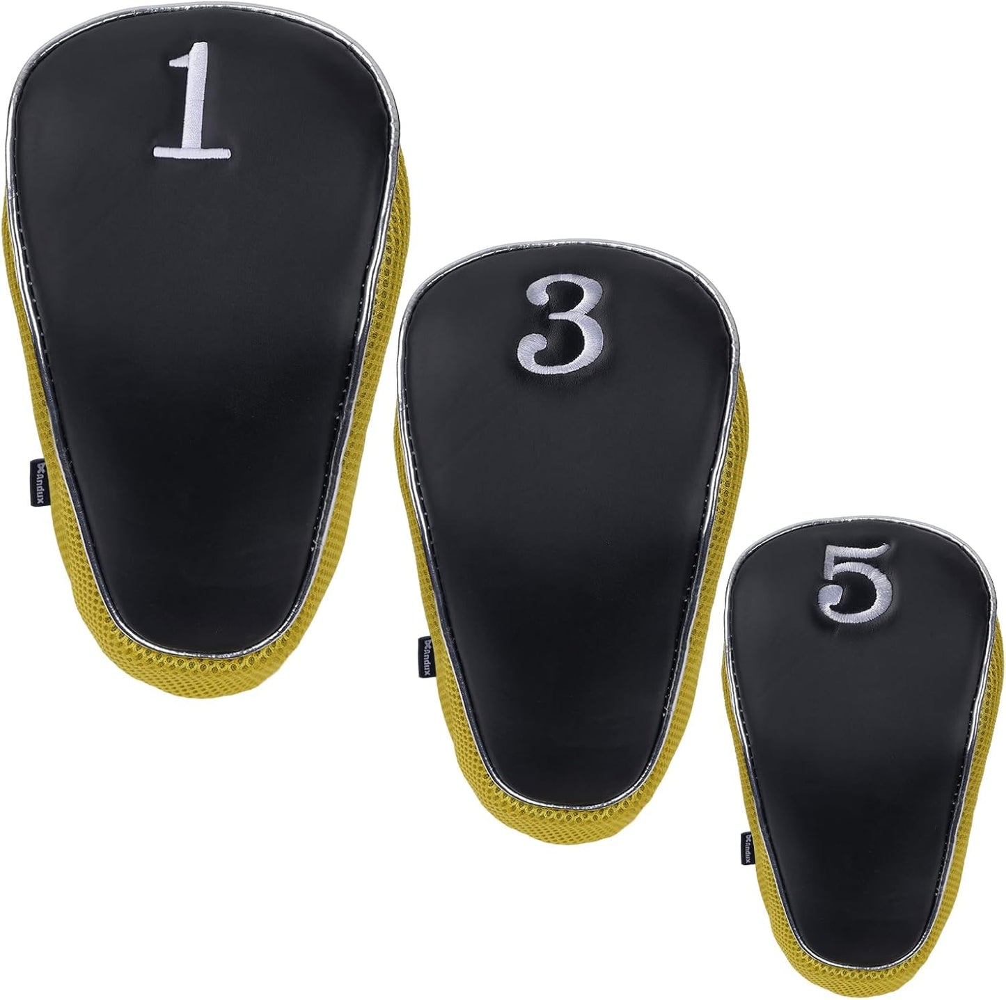 Golf Wood Club Head Covers with Hook & Loop Set of 3 | for 460cc Driver Fairway Short Neck Faux Leather and Nylon-mesh Embroidery thread Number