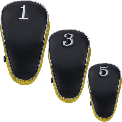 Golf Wood Club Head Covers with Hook & Loop Set of 3 | for 460cc Driver Fairway Short Neck Faux Leather and Nylon-mesh Embroidery thread Number