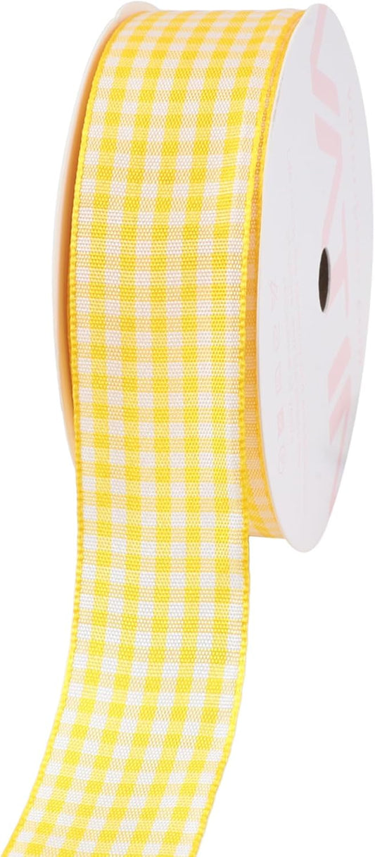 Yellow and White Gingham Ribbon, Each Roll Measuring 1 Inch Wide by 25 Yards Long, Featuring Polyester Woven Edges, Perfect for Gift Wrapping and Festive Party Decorations