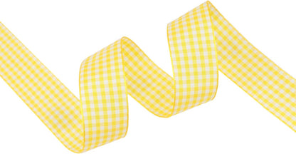 Yellow and White Gingham Ribbon, Each Roll Measuring 1 Inch Wide by 25 Yards Long, Featuring Polyester Woven Edges, Perfect for Gift Wrapping and Festive Party Decorations