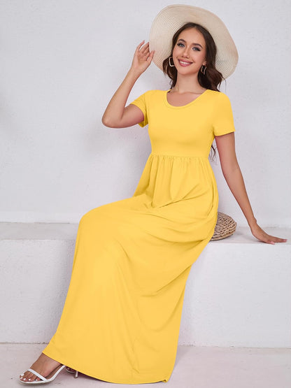 Maxi Dress for Women Short Sleeve Casual Summer Loose Plain Comfy Long Dresses with Pockets
