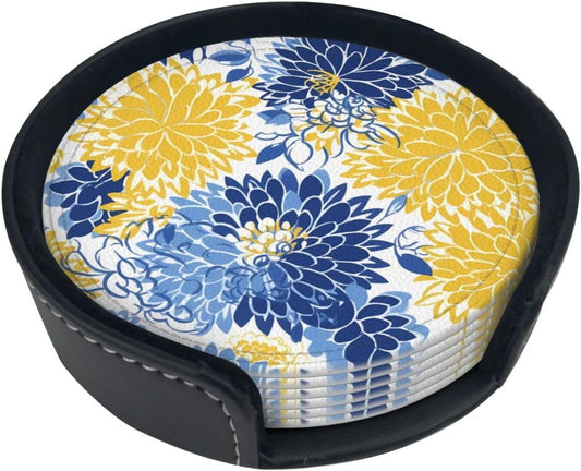 Flower Blue Floral Yellow Leather Coasters Set of 6 with Holders for Drinks Cups, 3.9" Round Coasters 6 Pcs for Coffee Bar Table Decor