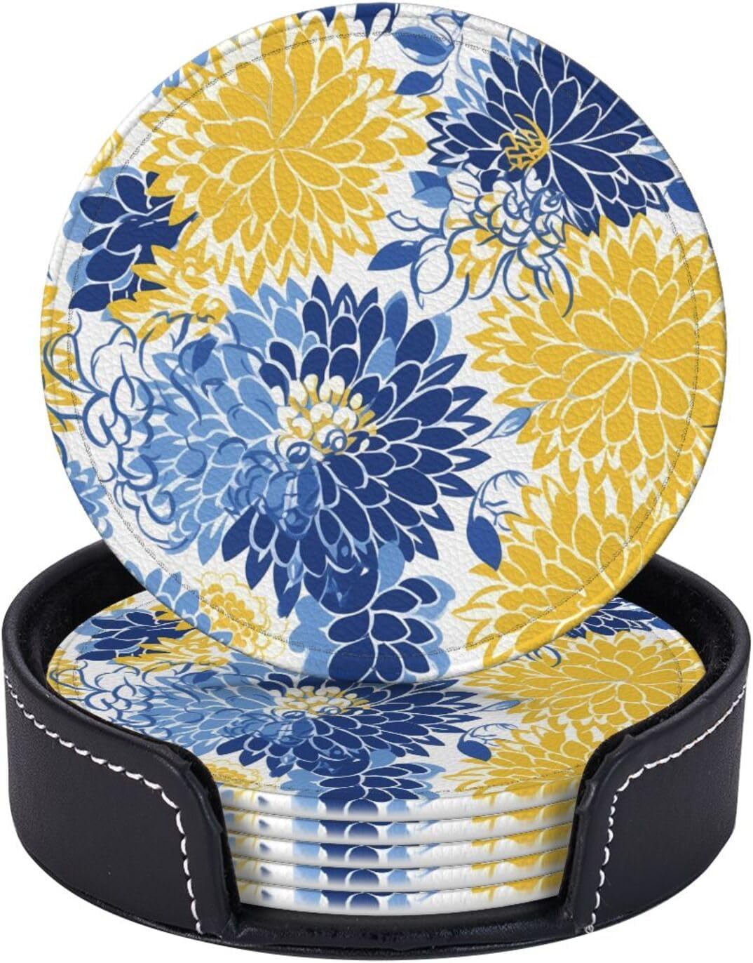Flower Blue Floral Yellow Leather Coasters Set of 6 with Holders for Drinks Cups, 3.9" Round Coasters 6 Pcs for Coffee Bar Table Decor