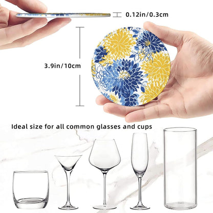 Flower Blue Floral Yellow Leather Coasters Set of 6 with Holders for Drinks Cups, 3.9" Round Coasters 6 Pcs for Coffee Bar Table Decor