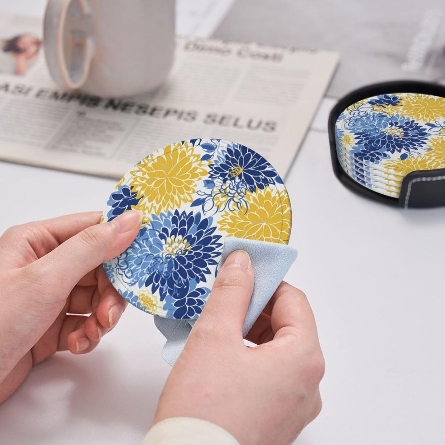 Flower Blue Floral Yellow Leather Coasters Set of 6 with Holders for Drinks Cups, 3.9" Round Coasters 6 Pcs for Coffee Bar Table Decor