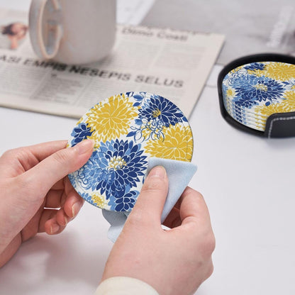 Flower Blue Floral Yellow Leather Coasters Set of 6 with Holders for Drinks Cups, 3.9" Round Coasters 6 Pcs for Coffee Bar Table Decor