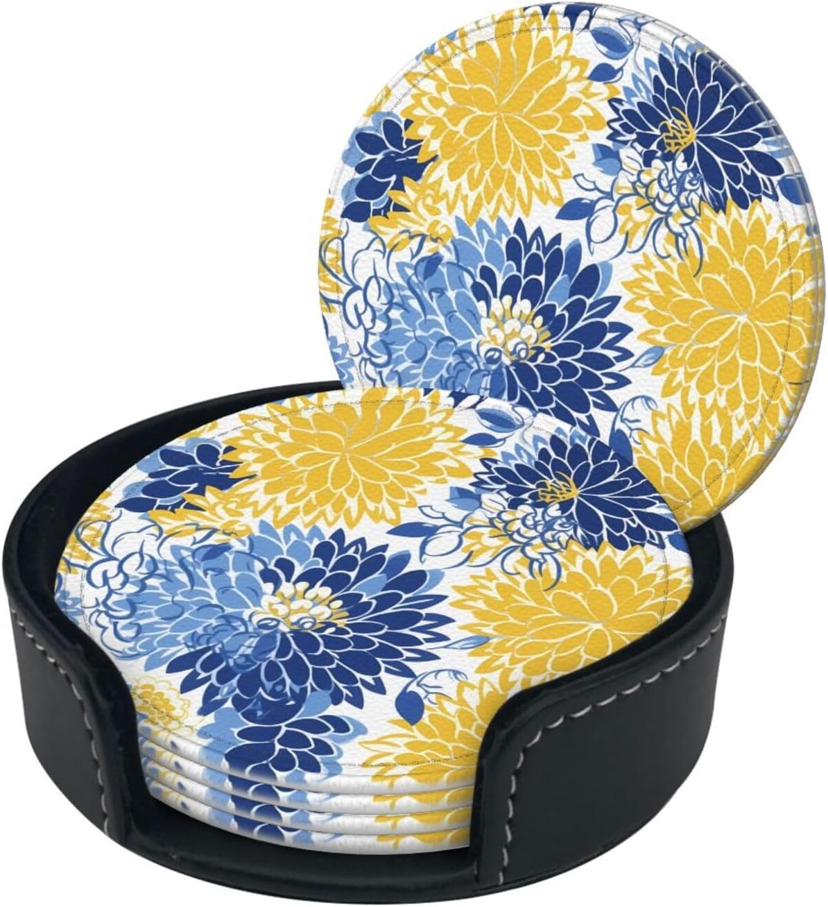 Flower Blue Floral Yellow Leather Coasters Set of 6 with Holders for Drinks Cups, 3.9" Round Coasters 6 Pcs for Coffee Bar Table Decor