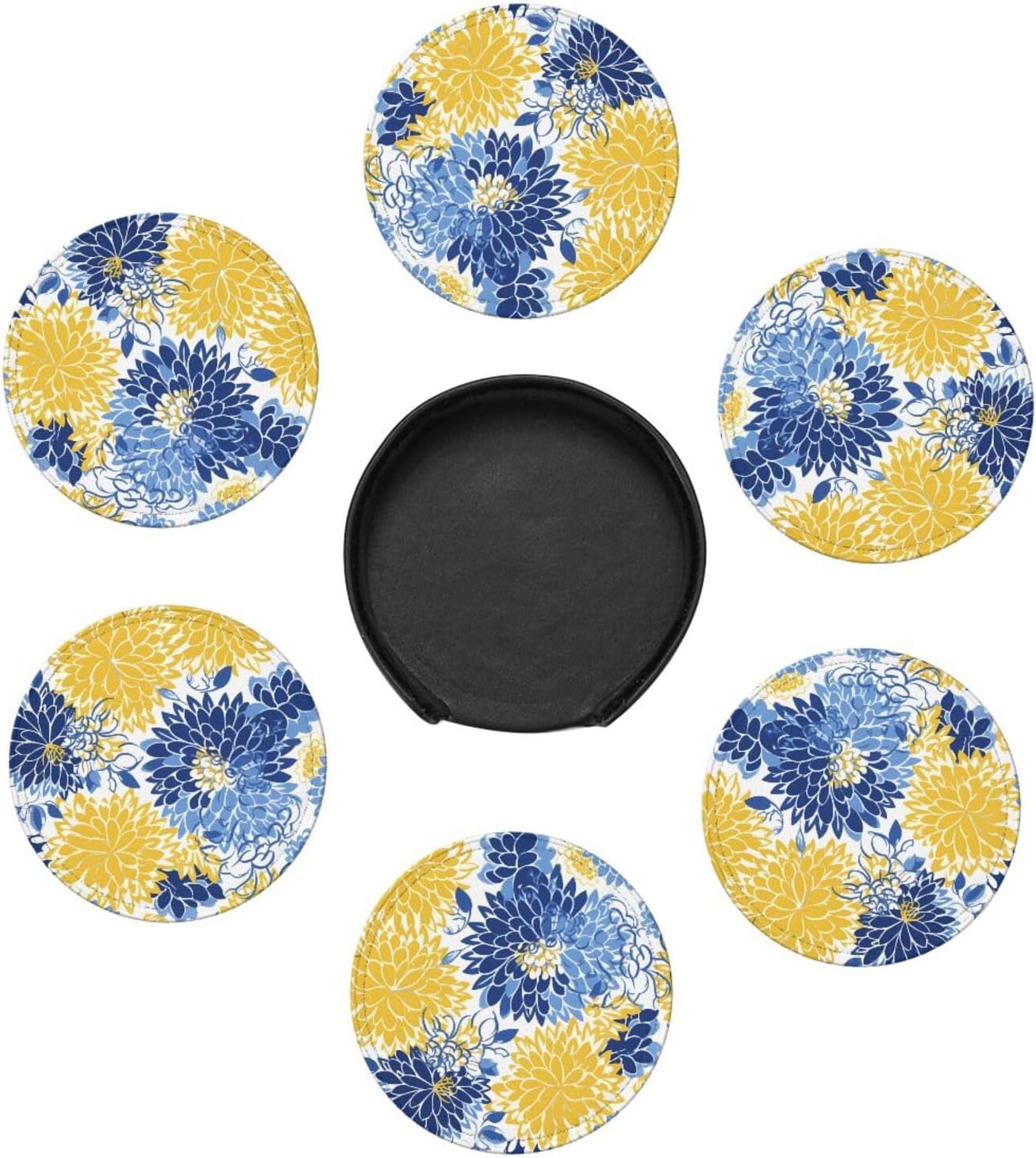 Flower Blue Floral Yellow Leather Coasters Set of 6 with Holders for Drinks Cups, 3.9" Round Coasters 6 Pcs for Coffee Bar Table Decor