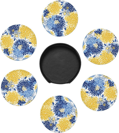 Flower Blue Floral Yellow Leather Coasters Set of 6 with Holders for Drinks Cups, 3.9" Round Coasters 6 Pcs for Coffee Bar Table Decor