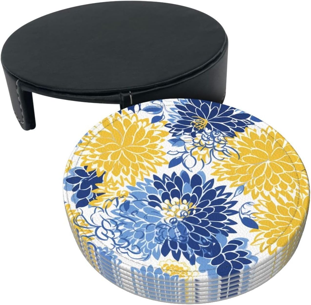 Flower Blue Floral Yellow Leather Coasters Set of 6 with Holders for Drinks Cups, 3.9" Round Coasters 6 Pcs for Coffee Bar Table Decor