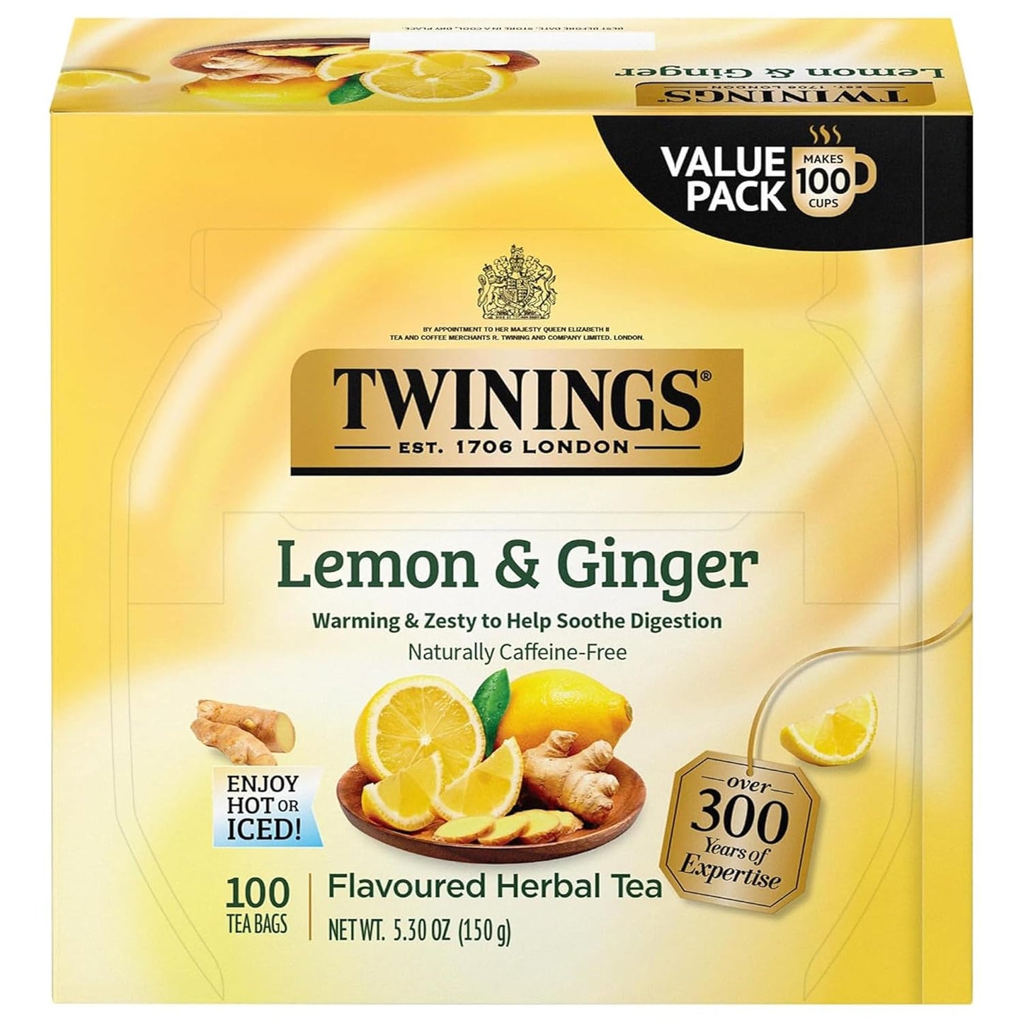 Lemon & Ginger Herbal Tea Individually Wrapped Bags, 100 Count (Pack of 1), Tangy Lemon, Spicy Ginger, Naturally Caffeine-Free, Enjoy Hot or Iced, 100 Teabags