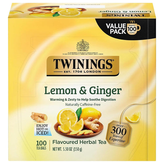 Lemon & Ginger Herbal Tea Individually Wrapped Bags, 100 Count (Pack of 1), Tangy Lemon, Spicy Ginger, Naturally Caffeine-Free, Enjoy Hot or Iced, 100 Teabags
