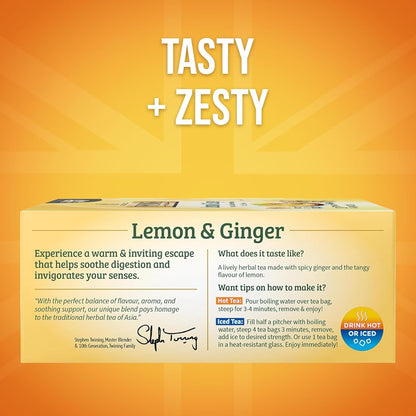 Lemon & Ginger Herbal Tea Individually Wrapped Bags, 100 Count (Pack of 1), Tangy Lemon, Spicy Ginger, Naturally Caffeine-Free, Enjoy Hot or Iced, 100 Teabags