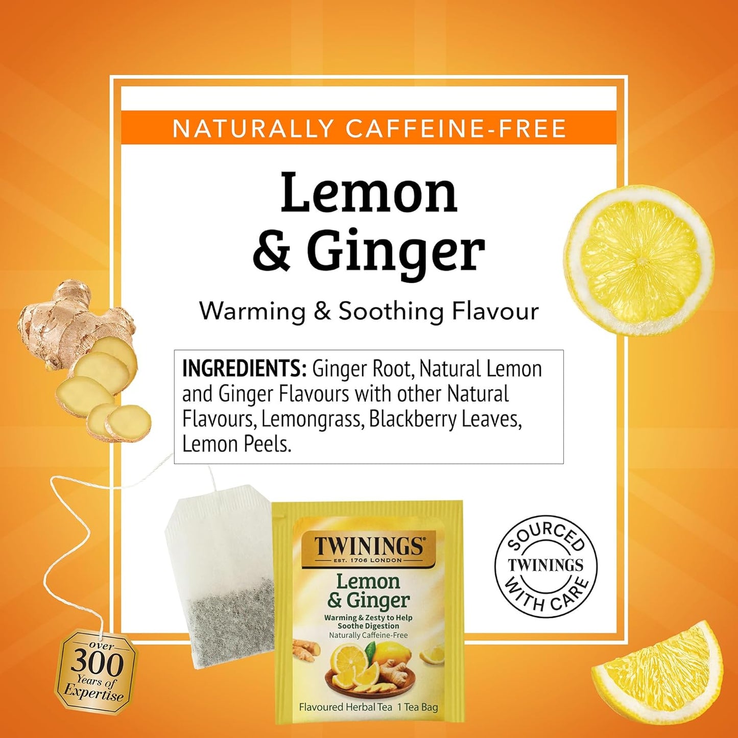 Lemon & Ginger Herbal Tea Individually Wrapped Bags, 100 Count (Pack of 1), Tangy Lemon, Spicy Ginger, Naturally Caffeine-Free, Enjoy Hot or Iced, 100 Teabags
