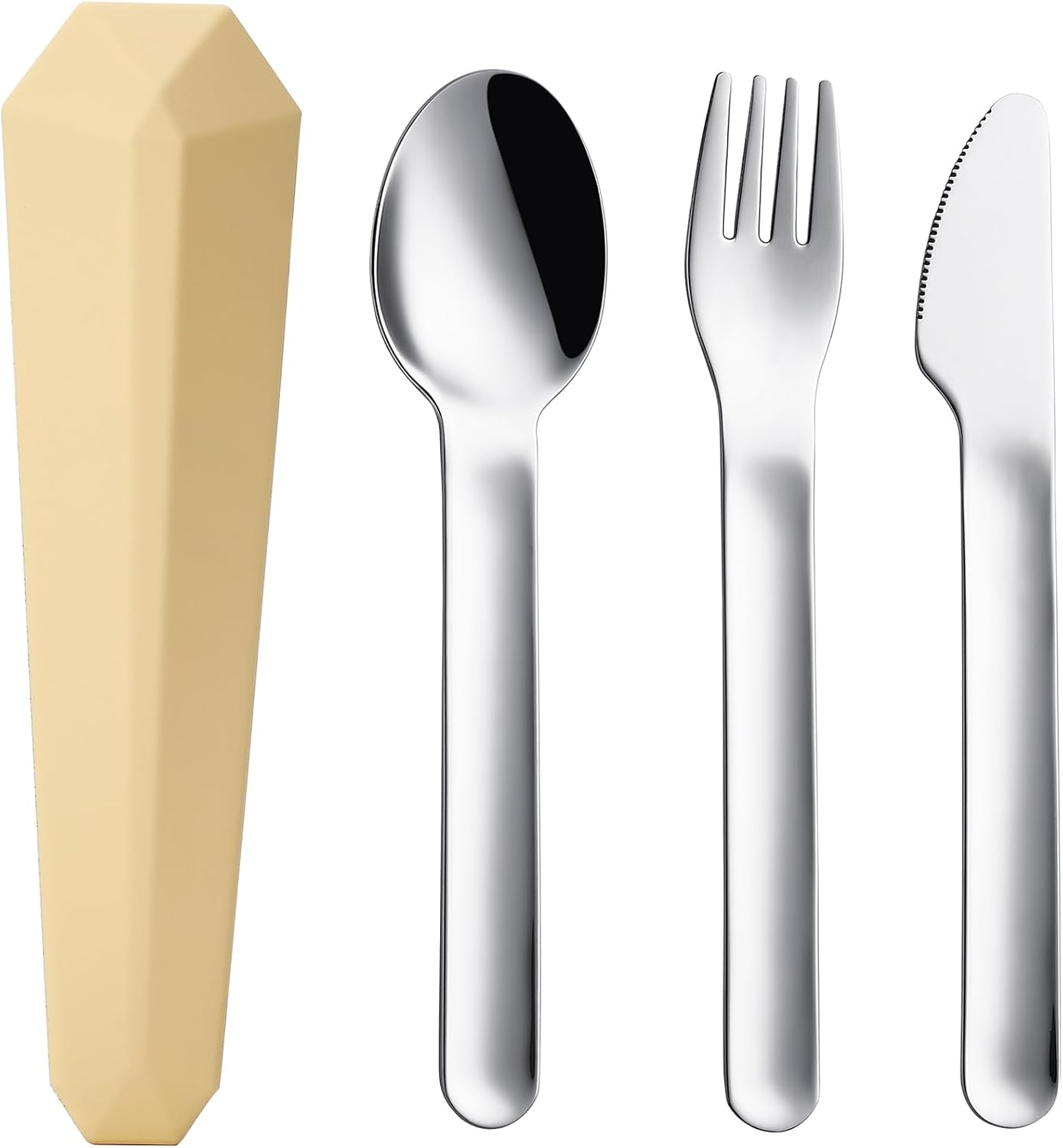 Utensils for Lunch Box, 4Pcs Travel Silverware Set with Case, Yellow | Portable Silicone Case, 18/8 Stainless Steel Fork Spoon Knife Set for Work School Picnic, Reusable Camping Cutlery for Kids