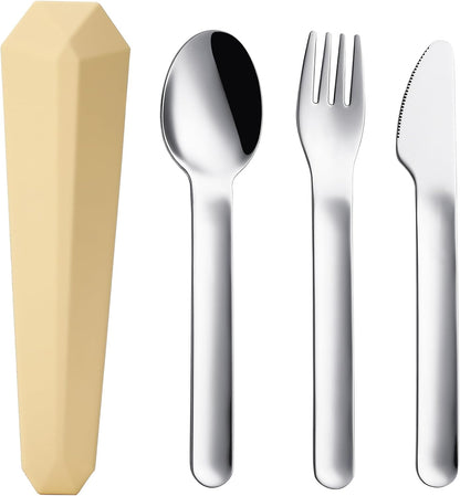 Utensils for Lunch Box, 4Pcs Travel Silverware Set with Case, Yellow | Portable Silicone Case, 18/8 Stainless Steel Fork Spoon Knife Set for Work School Picnic, Reusable Camping Cutlery for Kids