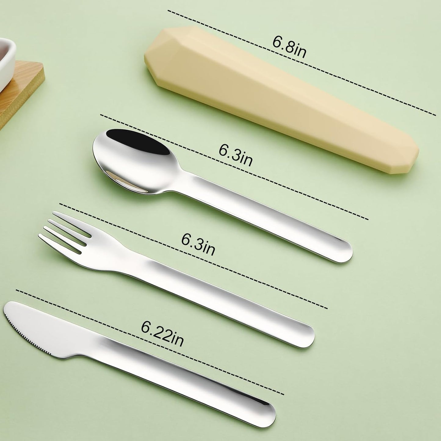 Utensils for Lunch Box, 4Pcs Travel Silverware Set with Case, Yellow | Portable Silicone Case, 18/8 Stainless Steel Fork Spoon Knife Set for Work School Picnic, Reusable Camping Cutlery for Kids