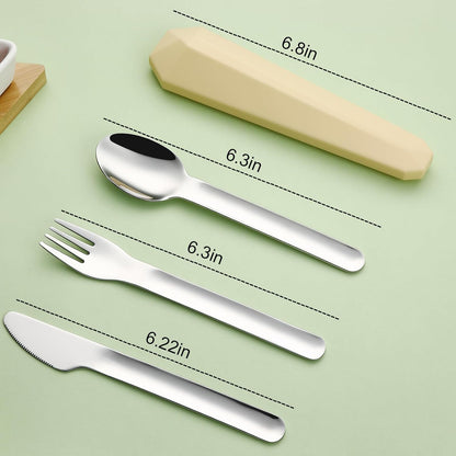 Utensils for Lunch Box, 4Pcs Travel Silverware Set with Case, Yellow | Portable Silicone Case, 18/8 Stainless Steel Fork Spoon Knife Set for Work School Picnic, Reusable Camping Cutlery for Kids