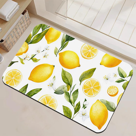 Lemon White Flowers Bathroom Rugs Thin Bath Mat Non Slip Washable, Rubber Backing Quick Dry Bathroom Floor Mat for Shower Tub Sink Laundry, Christmas Decorations, 17"x 29.5"