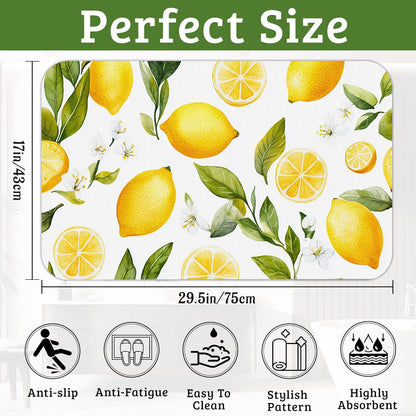 Lemon White Flowers Bathroom Rugs Thin Bath Mat Non Slip Washable, Rubber Backing Quick Dry Bathroom Floor Mat for Shower Tub Sink Laundry, Christmas Decorations, 17"x 29.5"