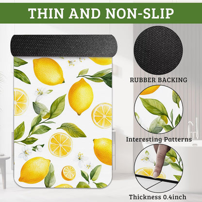 Lemon White Flowers Bathroom Rugs Thin Bath Mat Non Slip Washable, Rubber Backing Quick Dry Bathroom Floor Mat for Shower Tub Sink Laundry, Christmas Decorations, 17"x 29.5"
