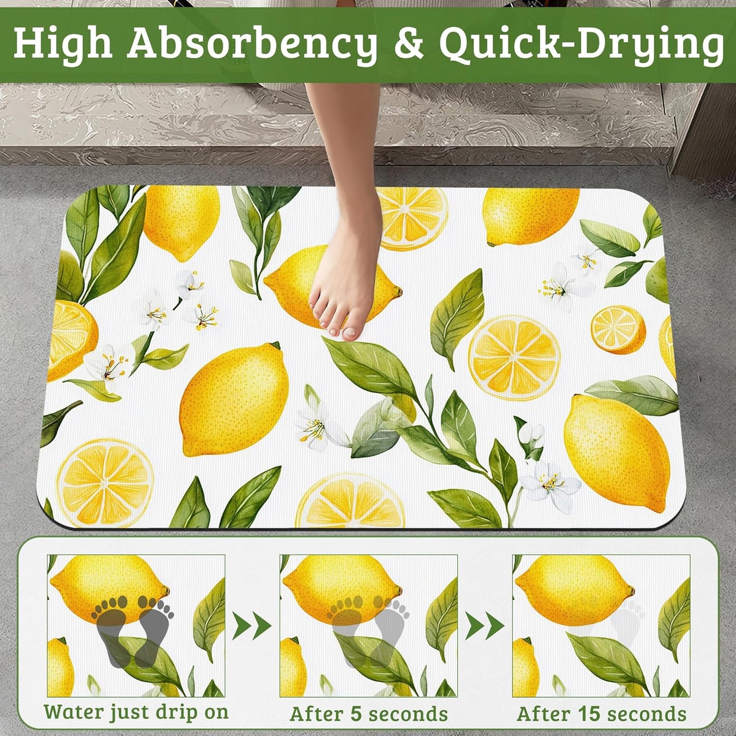 Lemon White Flowers Bathroom Rugs Thin Bath Mat Non Slip Washable, Rubber Backing Quick Dry Bathroom Floor Mat for Shower Tub Sink Laundry, Christmas Decorations, 17"x 29.5"