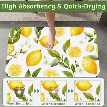 Lemon White Flowers Bathroom Rugs Thin Bath Mat Non Slip Washable, Rubber Backing Quick Dry Bathroom Floor Mat for Shower Tub Sink Laundry, Christmas Decorations, 17"x 29.5"