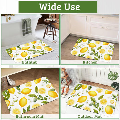 Lemon White Flowers Bathroom Rugs Thin Bath Mat Non Slip Washable, Rubber Backing Quick Dry Bathroom Floor Mat for Shower Tub Sink Laundry, Christmas Decorations, 17"x 29.5"
