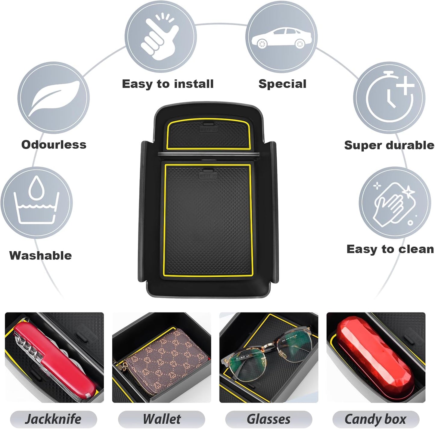 SKTU for 2024 2025 2026 Chevrolet Trax Center Console Organizer 2024 2025 2026 Chevy Trax Insert ABS Materials Tray Armrest Box 2024 2025 2026 Chevy Trax Accessories with Sunglasses Holder (Yellow)