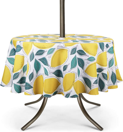 Outdoor Tablecloth with Umbrella Hole and Zipper, Spring/Summer Waterproof Table Cover for Picnic/BBQ/Garden(60" Round,Lemon)