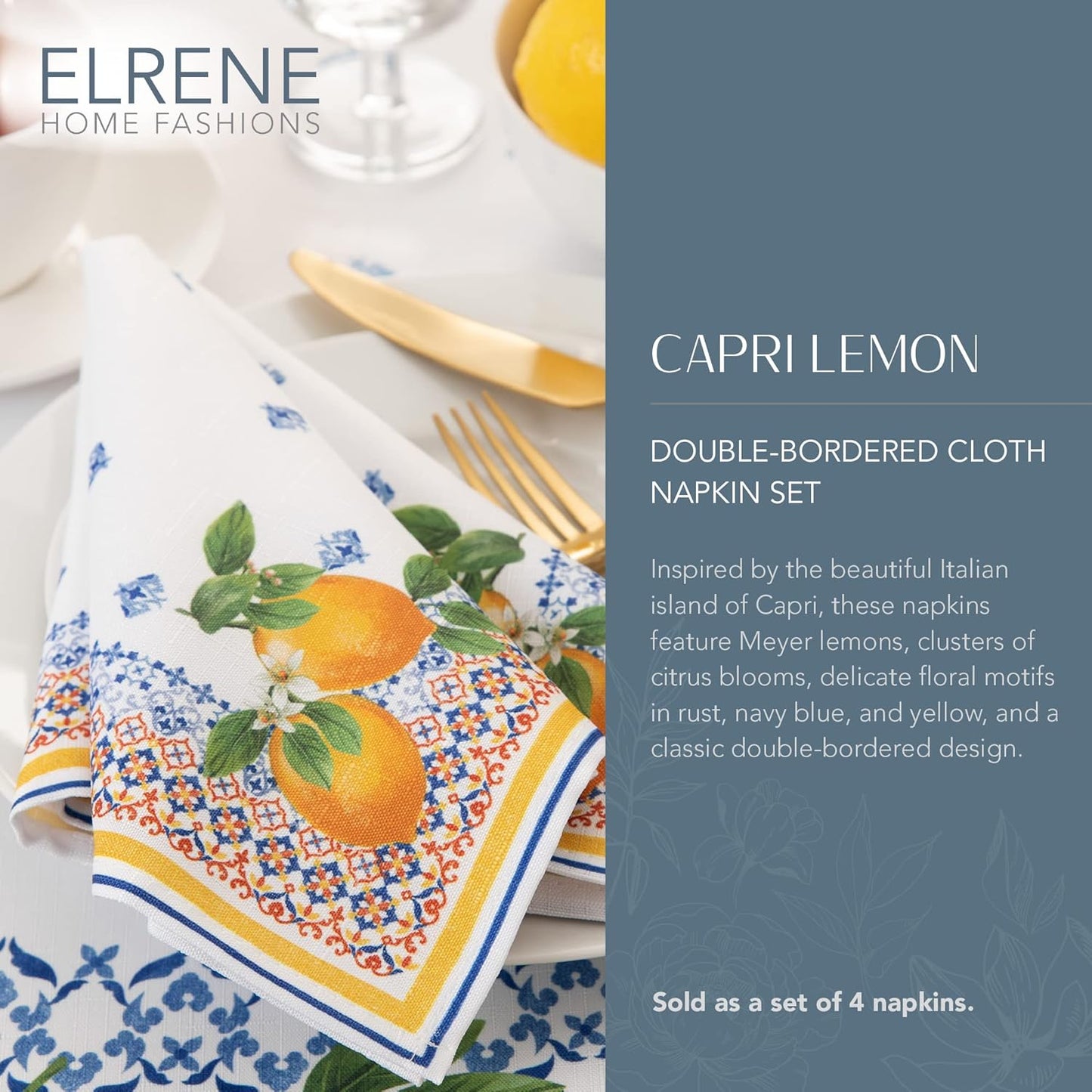 Capri Lemon Double Border Napkin Set of 4, Multicolor - 17" W x 17" L