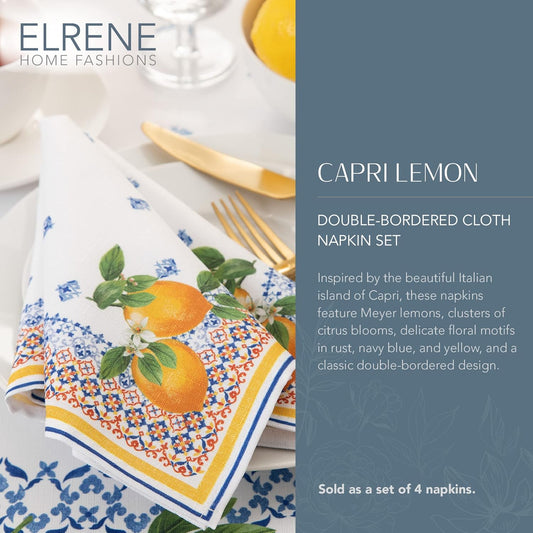 Capri Lemon Double Border Napkin Set of 4, Multicolor - 17" W x 17" L