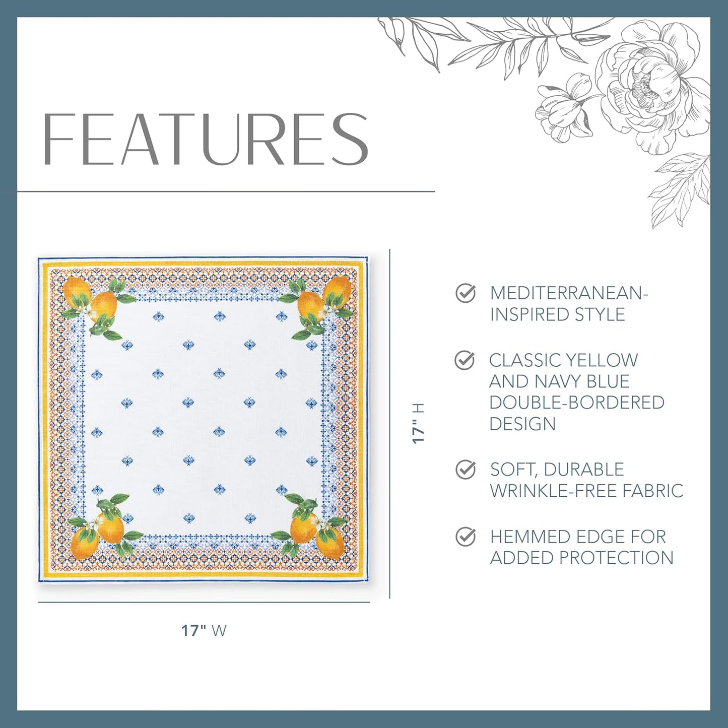 Capri Lemon Double Border Napkin Set of 4, Multicolor - 17" W x 17" L
