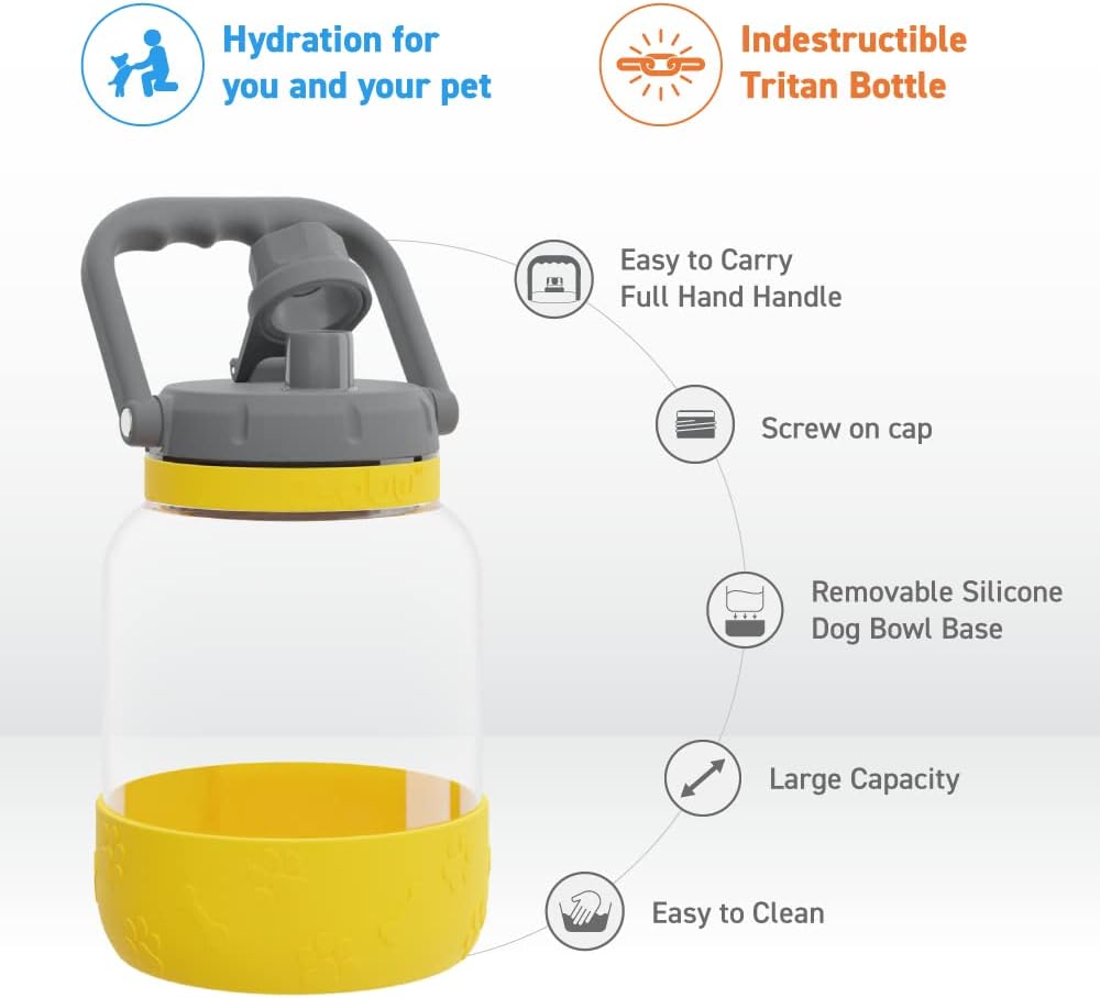 Buddy Bottle a Stainless Steel Insulated Water Bottle for with Removable Dog Water Bowl and Dog Food and Treat Storage Bowl (Yellow, Barkley 50 oz Water Bottle with Bowl)