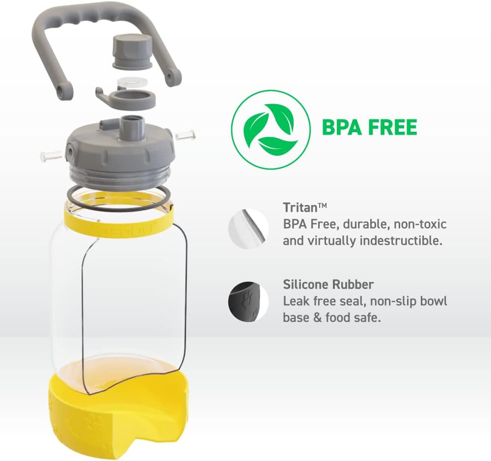 Buddy Bottle a Stainless Steel Insulated Water Bottle for with Removable Dog Water Bowl and Dog Food and Treat Storage Bowl (Yellow, Barkley 50 oz Water Bottle with Bowl)