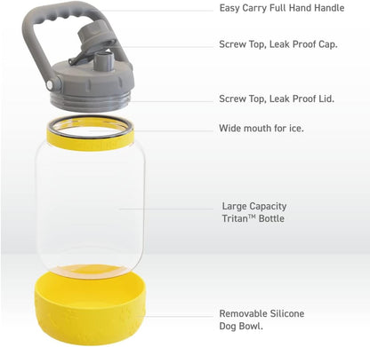 Buddy Bottle a Stainless Steel Insulated Water Bottle for with Removable Dog Water Bowl and Dog Food and Treat Storage Bowl (Yellow, Barkley 50 oz Water Bottle with Bowl)