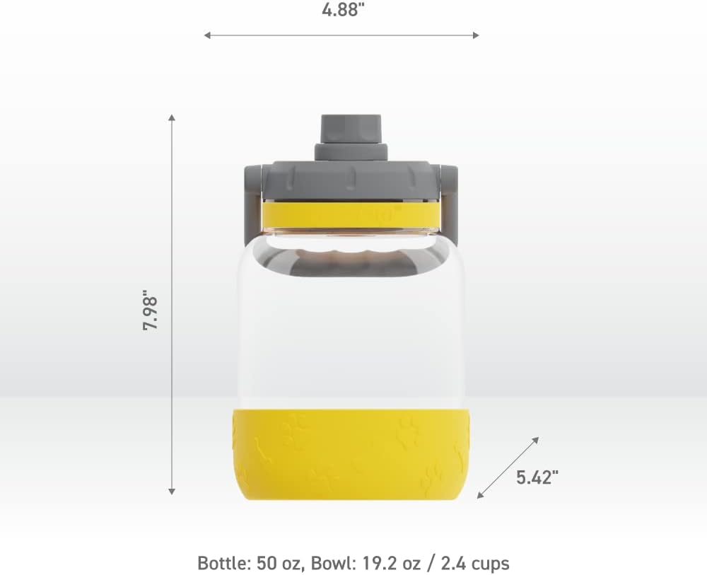Buddy Bottle a Stainless Steel Insulated Water Bottle for with Removable Dog Water Bowl and Dog Food and Treat Storage Bowl (Yellow, Barkley 50 oz Water Bottle with Bowl)