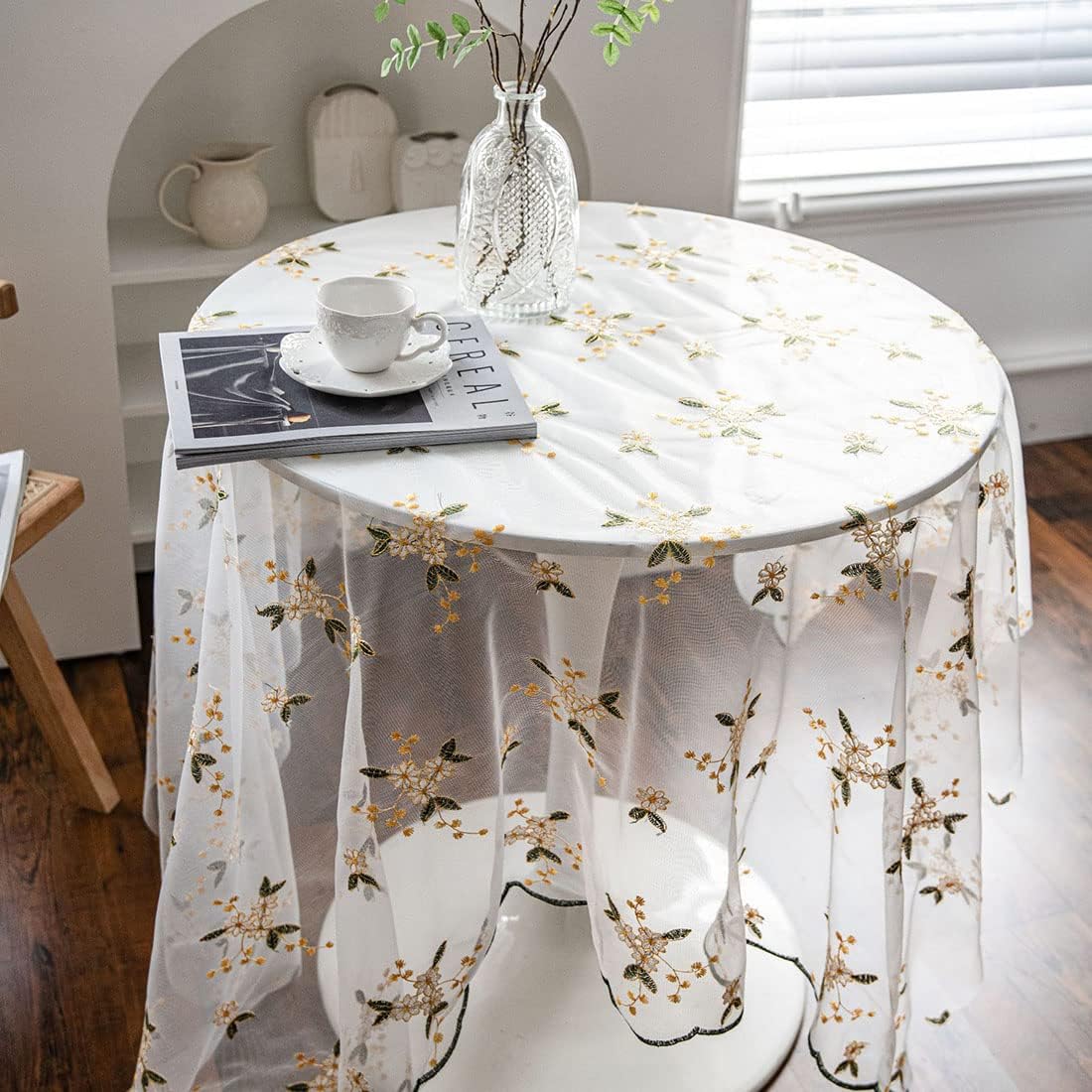 Elegant Lace Tablecloth Floral Embroidery Lace Table Cover Overlay for Party Wedding Kitchen Dining Home Decorations (Yellow,39"x51")